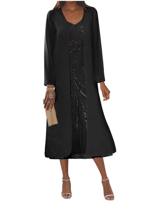 DHRFYJ Black Mother of The Bride Dress Chiffon 2 Piece Long Sleeves Sequin Tea Length V-Neck Wedding Guest Dress with Jacket US0 DHRFYJ Black Mother of The Bride Dress Chiffon 2 Piece Long Sleeves Sequin Tea Length V-Neck Wedding Guest Dress with Jacket US0