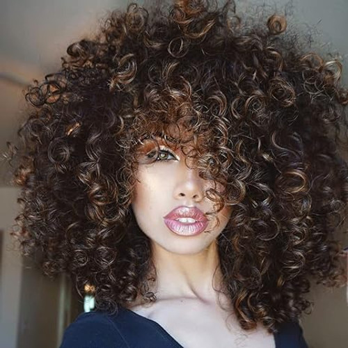 Curly Wigs for Black Women - Ombre Brown Mixed Synthetic Hair African American Full Afro Curly Wig with Bangs