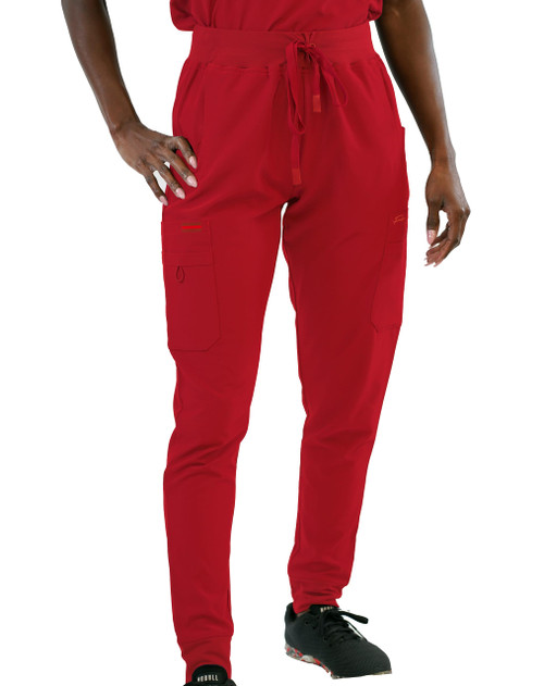 FUBU Women's Slim Fit High Waisted Jogger Yoga Scrub Pant Medical Nursing Uniform-Red-Small