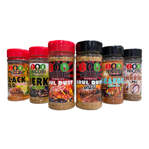 Nicobi Foods Ultimate Spice Pack – Soul Dust (Mild & Spicy), Black-N-Bold Cajun, Seafood Blend, Dried Jerk Seasoning, Cinnamon Roll Spice – Bold Flavors for Grilling, Baking & Everyday Cooking –