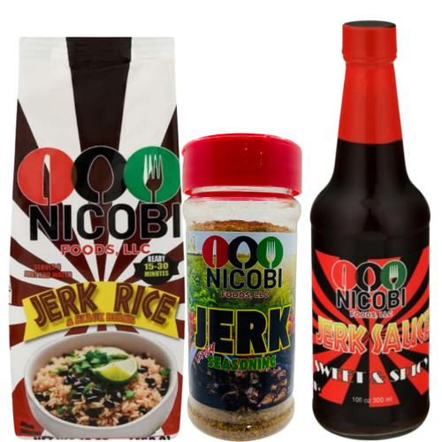 Jerk Pack by Nicobi Foods – Authentic Jamaican Jerk Collection with Dry Jerk Seasoning, Jerk Rice, and Jerk Sauce – Bold Caribbean Flavors for Grilling, Marinades, and Meals