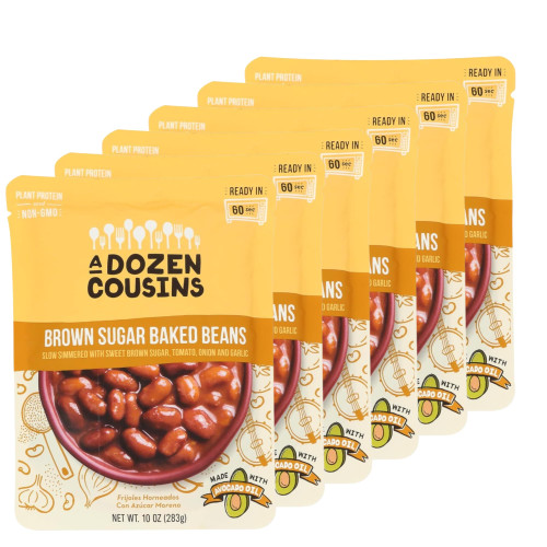 A Dozen Cousins Brown Sugar Baked Beans 10oz (6-Pack) Prepared Food Pouch, Ready to Eat Meal in Seasoned Avocado Oil, Premade Microwave Meal, Instant Baked Beans, Gluten Free, Plant Protein & Fiber