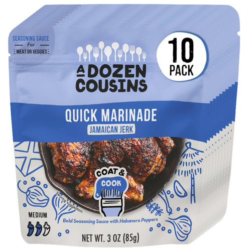 A Dozen Cousins Jamaican Jerk Seasoning Sauce (10-Pack) Quick Chicken Marinade Pouch, Caribbean Jerk Marinade with Hot Peppers, Onion, and Garlic, Instant Meal Coat & Cook (3 oz Packets)