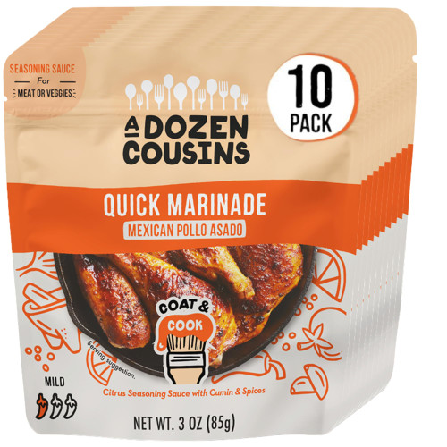 A Dozen Cousins Quick Chicken Marinade Seasoning Sauce Pouch (10-Pack), Mexican Pollo Asado Seasoning, Instant Meal Coat & Cook, Citrus Sauce with Cumin and Garlic (3 oz packets)