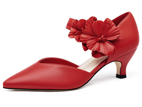 Coutgo Womens Low Kitten Heels Dressy Shoes Comfortable Closed Toe Flower Slip on Formal Party Dance Heeled Pumps, Red, Size 9