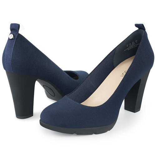 JENN ARDOR Women's Pumps Chunky Heels Platform Shoes Comfort Round Closed Toe Block Heel Pumps Dress High Heeled Office Shoes More Than 3 inch Heel Navy 6