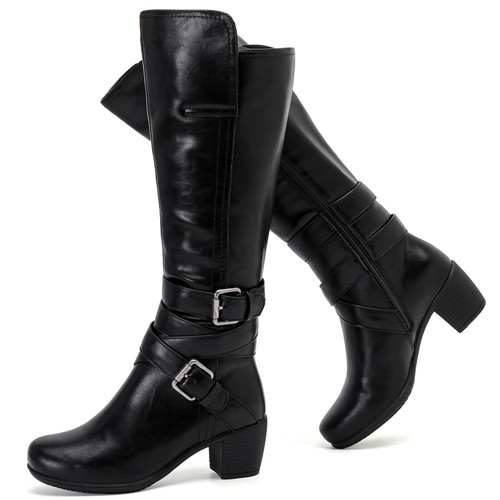 Ruiee Women's Knee High Boots with Chunky Heel, Pointed Toe, Comfortable and Fashionable for Fall and Winter Wear for Women. 230303 Black LPU Size8.5