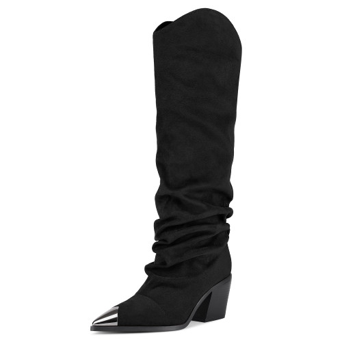 GPXGPX Women's Knee High Boots Metal Pointed Toe Chunky Block Heel Suede Cowboy Boots Slouchy Black Tall Boots For Women