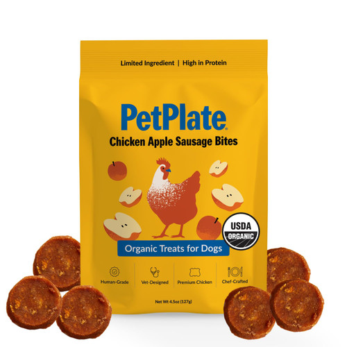 PetPlate Chicken Apple Sausage Bites, Human Grade Dog Treats, All Life Stages, Grain-Free, Organic and Real Ingredients, High Protein, Healthy Snacks (Pack of 1, 4.5 Ounce)