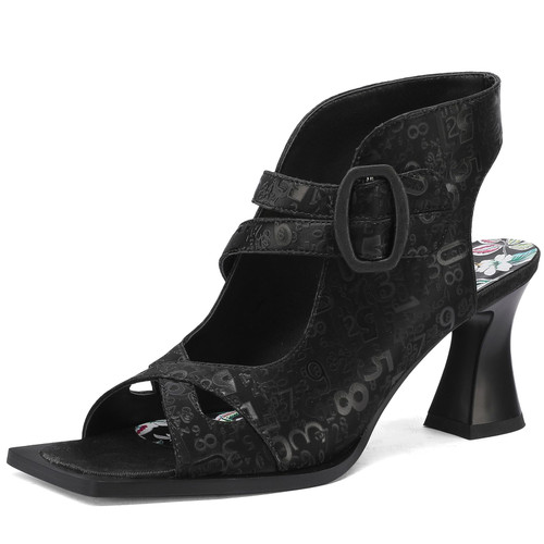 TDD Chunky Gladiator Sandals for Women Summer Dressy High Heels Square Toe Block Sandalias Para Mujer Open Toe Faux Leather Strappy Outdoor Ladies Wedding 3 Inch Sandles (Black, Size 9)