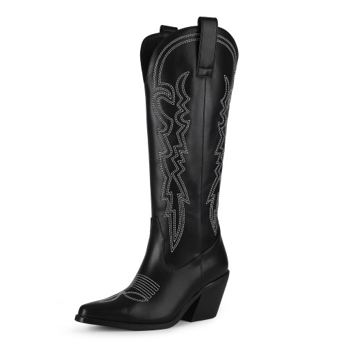 IDIFU Black Cowboy Boots for Women Cowgirl Knee High Western Embroidered Booties Side Zipper Low Block Chunky Heel Pull on Pointed Toe Tall Booties Cute Wedding Bride Dress Long Boots(Black Pu, 7)