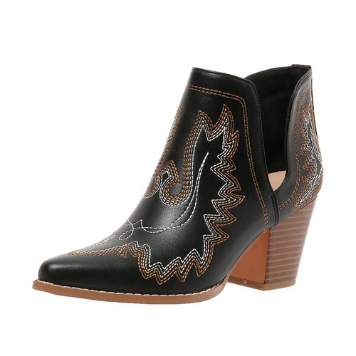 Cowboy Boots for Women Cowgirl Ankle Western Embroidered Stitched Pointed Toe Cutout Chunky Heels Short Booties Red Brown Black US5-11, black, 8