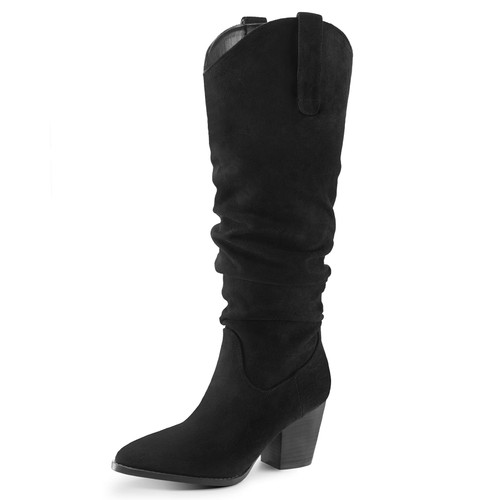 mysoft Women's Cowboy Knee-High Boots Pointed Toe Mid Chunky Heel Pull On Slouchy Boots with Zippers