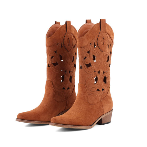 LingxiaUne Brown Cowboy Boots Women, Suede Cutout Design Western Mid-Heel Cowgirl Boots, Pointed Toe Retro Casual Party Boots