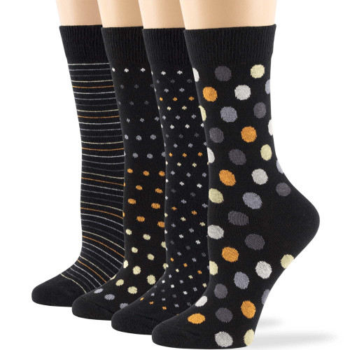 7BigStars Women Crew Socks, 4 Pairs Cotton Patterned - Black Base with Colorful Dots and Stripes, Soft and Breathable - Sock Size:10-12, Shoe Size: 8-12