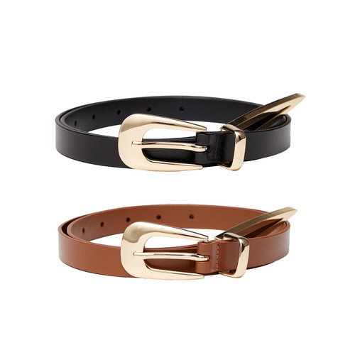 Asaloy Women's Fashion Thin Belts, Womens Skinny Waist Belts, Adjustable Genuine Leather Belt for Women Dresses Jeans Pants (Black gold belt+Caramel gold belt(2P), Waist Size Below 36 Inches)