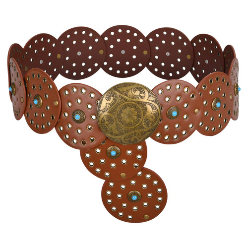 QILVYTH Western Leather Belts for Woman Boho Cowgirl Wide Disc Belt for Women Concho Cowboy Waist Belts for Dress 56'' (fits waist size up to 53'')