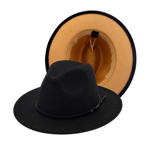 Gossifan Womens Wide Brim Panama Hat Patchwork Colors Classic Buckle Fedora Black/Camel