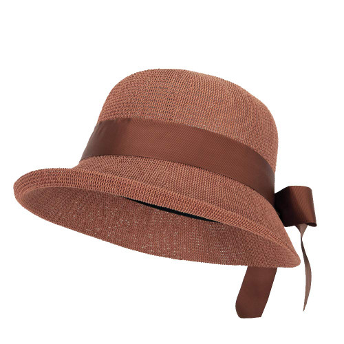 Jeanne Simmons Women's Paper Woven Turn Up Front Brim Wide Ribbon Cloche Hat - Rust OSFM