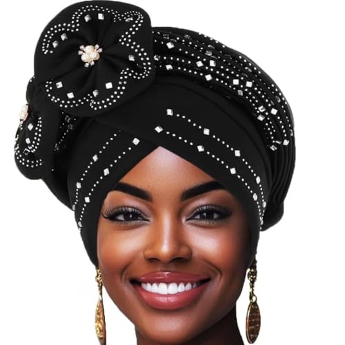 Woeoe Beanie Cap Head Wrap Black Rhinestones Head Scarf Flower Pearls Twisted Head Turban for Women Girls