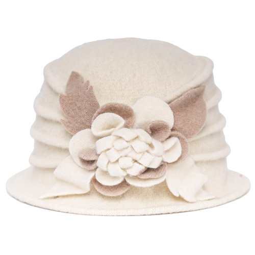 Women 1920s 100% Wool Vintage Cloche Bucket Winter Hat with Bow Knot and Flower (Flower-Cream)