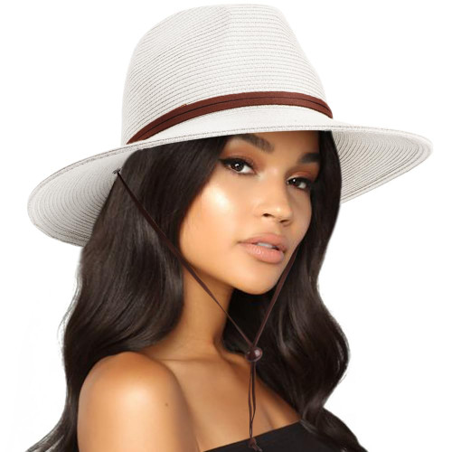 AQOKKA Summer Straw Fedora Hat for Women Men Travel Panama Hat with Wide Brim Roll Up Sun Hat for Beach Outdoor UPF 50+