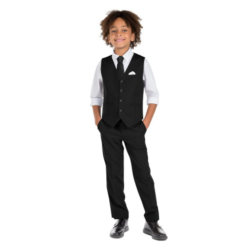 Marvelous Kids Boys 6-Piece V-Neck Formal Slim Fit Vest Suit Set, Black, Size 14