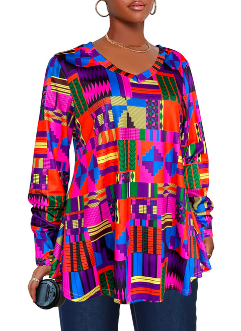 Afibi Dressy Shirts for Women African Dashiki Long Sleeve V Neck Loose Tunic Tops (Large, Purple)