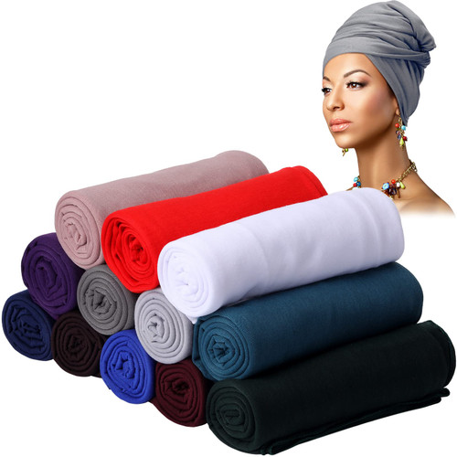 12 Pieces Extra Long Stretch Jersey Turban Head Wrap Knit African Fashion Headband Long Hair Scarf Breathable Solid Color Turban Tie for Black Women