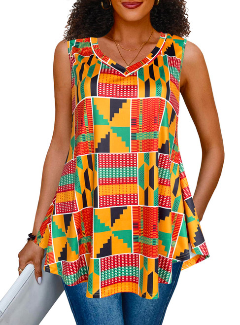Afibi Summer Tops for Women Sleeveless V Neck Tshirt Loose Fit African Dashiki Tank Tunic Blouse (Medium, Golden Green)