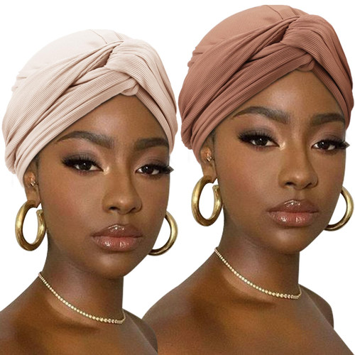 DRESHOW African Turban for Women Knotted Hairwraps for Sleeping Headwraps Ribbed Turban Stretch Jersey Head Scarf for Black Women Chemo Cancer Cap