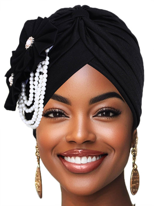 Woeoe Pearl Flower African Hats Pre-Tied Turbans Stretchy Twisted Church Wedding Head Wraps for Women (US, Alpha, One Size, Large, Black)