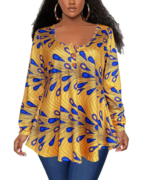 Afibi Women's Long Sleeve Henley T Shirts Button Down Loose Fit Tops Scoop Neck African Dashiki Shirts (X-Large, Yellow 2)