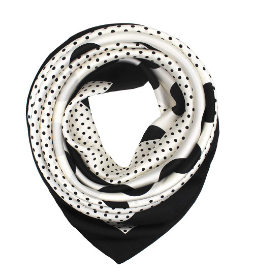 ANDANTINO 100% Pure Mulberry Silk Scarf 35" Large Square Lightweight Headscarf –Women’s Hair Wraps-With Gift Packed (Black&Ivory Polka Dots)