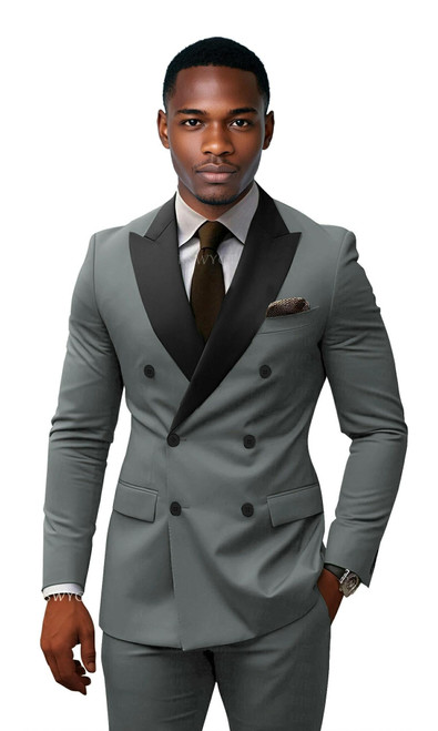 KSWYCT Double Breasted Mens Suit Men Slim Fit Grey Suit Casual 2 Piece Suits Sets Double Breasted Peak Lapel Mens Suit Business Tuxedos