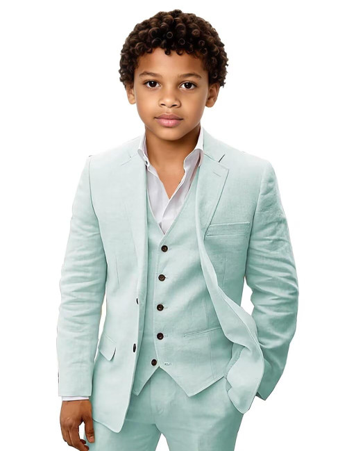 Boys Linen Suit for Wedding Boys Tuxedo Slim Fit 3 Piece Summer Suit for Kids Aqua Blue Linen Suit Jacket Vest Pant Size 2