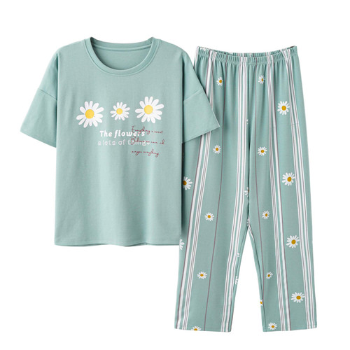 Vopmocld Big Girls' Short Sleeve Long Pants Pajama Sets 2PCS Cartoon Pattern & Letters Printed Sleepwear Lounge for Teens, Floral-Green, 10