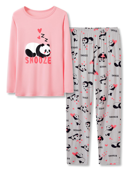 Tebbis Soft Modal Cute Panda Pajamas for Girls Long Sleeve & Pants Set Jammies Big Kid Size 18