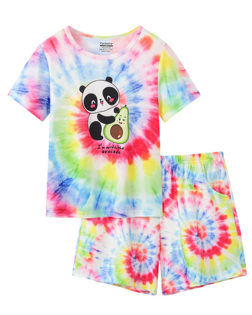 CYCHELRY Rainbow Tie Dye Pandas Pajamas for Teen Girls Short Sleeve Big Kids Sleepover PJS Sets Matching Clothes Size 6