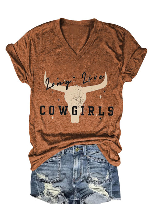 Retro Steer Skull Shirts Women V-Neck Western Cowgirl Graphic Tees Casual Shirt Tops(Brown,L)