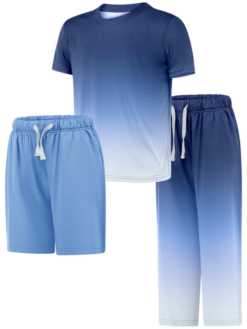 Cooraby 3 Pieces Teen Boys Pajs Short Sleeves Top, Shorts & Pants Soft Loose Fit Outfits with Drawstring Pockets for Summer