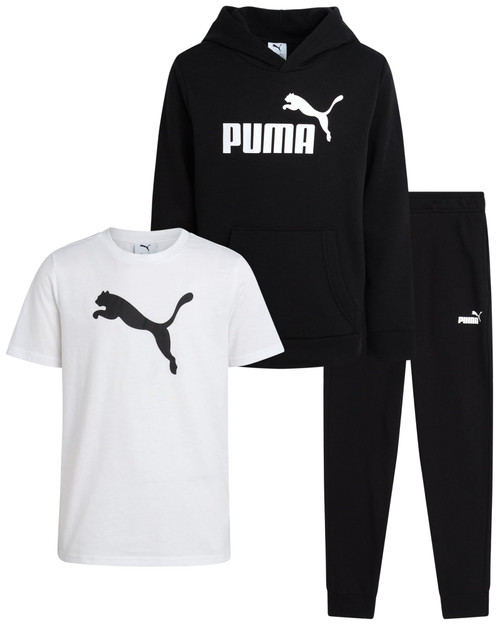 PUMA Boys Sweatpants Set - 3 Piece Fleece Pullover Hoodie Boys TShirt and Jogger Pants Youth Kids Activewear Set (8-16), Size 14-16, Black/White
