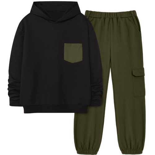 Hipea Teen Boy Clothes 2PCS Sets Solid Long Sleeve Hooded Sweatshirt with Chest Pocket Cargo Pants with Side Pockets Winter Boys Clothes Size 14