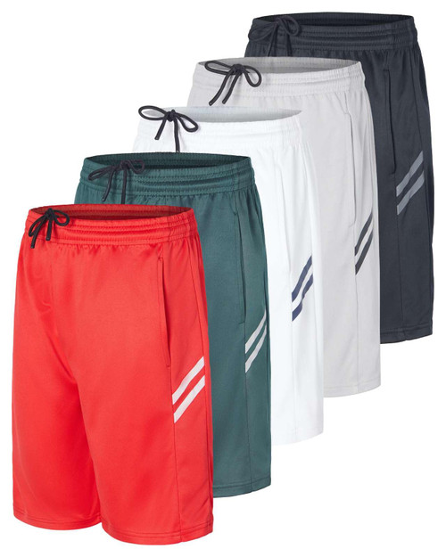 Real Essentials 5 Pack: Boys' Athletic Basketball Sports Shorts Pockets - Quick Dry Youth Teens Kids Gym, 12-14