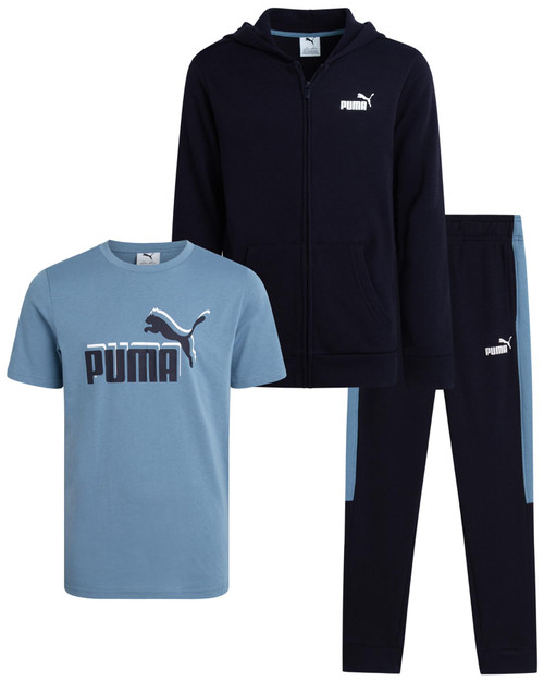 PUMA Boys Sweat Suit Set - 3 Piece Zip Up Hoodie, Graphic Tee and Athletic Fleece Jogger Sweatpants For Boys Set (8-16), Size 10-12, Light Blue/Navy