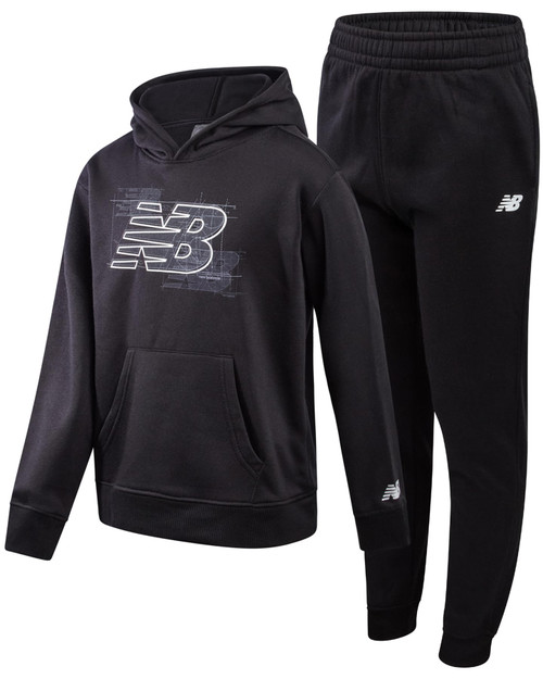 New Balance Boys Sweat Suit Set - 2 Piece Soft Fleece Tracksuit Set with Pullover Hoodie & Jogger Sweatpants for Boys (8-16), Size 16, Black