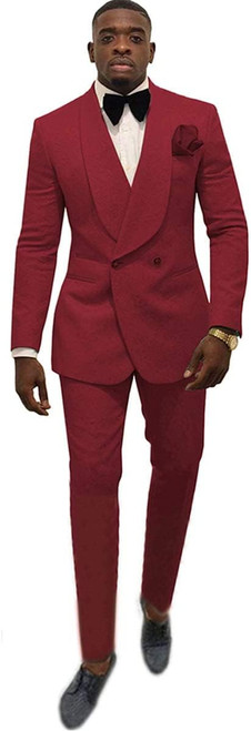 Zeattall Mens Suit Jacquard Groom Tuxedos Shawl Lapel Suits Slim Fit 2 Pieces Two Buttons Jacket Burgundy