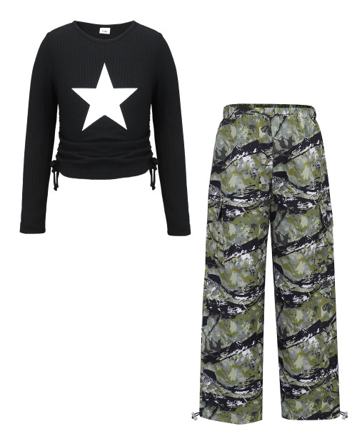 Yhnslsf Teen Girl Clothes Size 13 14 Clothing Long Sleeve Ruched Drawstring Star Ribbed Knit Top Green Camo Cargo Pants Kids Trendy School Fall Winter Girls Outfits