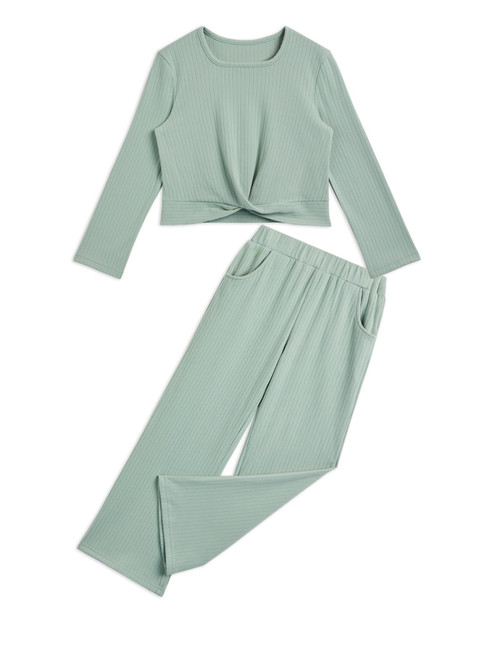 Handfrog Girls Casual Outfits Cute Ribbed Long Sleeve Shirts Pants Set for Teen Fall Trendy Clothes Lounge Sets