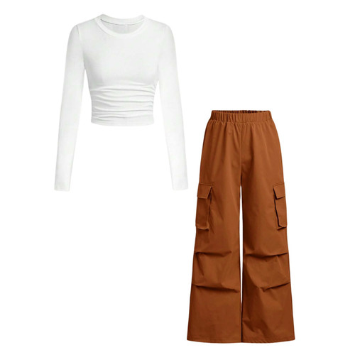 Azmxynol Teen Girls Clothes 2 Piece Outfit Ribbed Ruched Long Sleeve T-Shirt Top + Cargo Jogger Pants Big Girls Fall Winter Casual Clothing Set(13-14T)